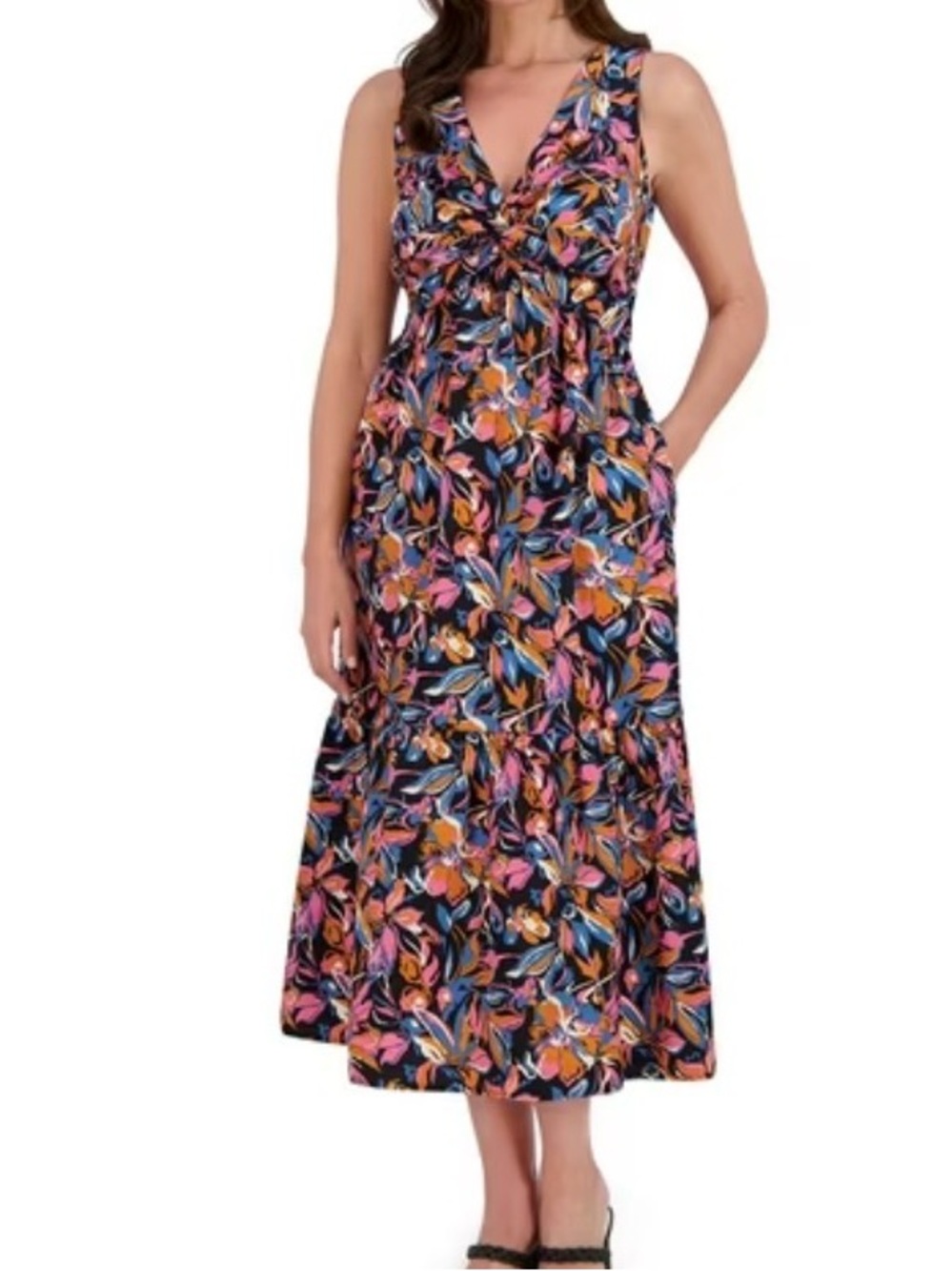 French Connection Black Floral Twist-Front Midi Dress cotton M NWT party pockets